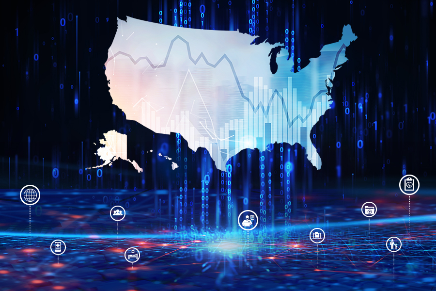 Visual representations of data within a map of the United States surrounded by health- and data-related icons. 